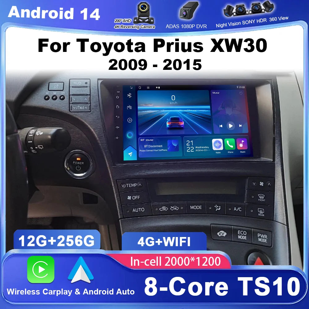 Car Android 14 For Toyota Prius XW30 2009 - 2015 Auto Radio GPS Navigation Carplay Wirerle