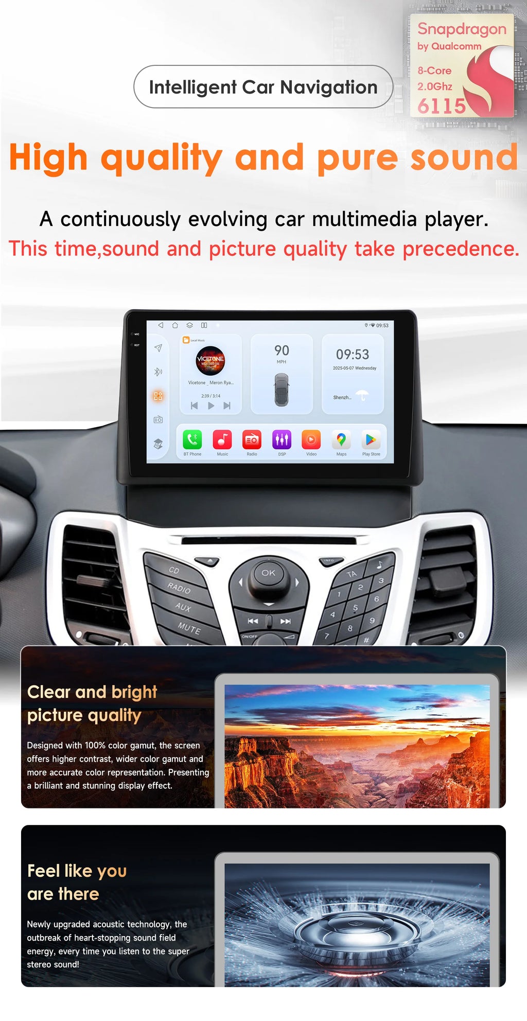 9"Wireless Carplay Android 14 Car radio for Ford Fiesta 2009-2016 (with PASS AIRBAG OFF bu