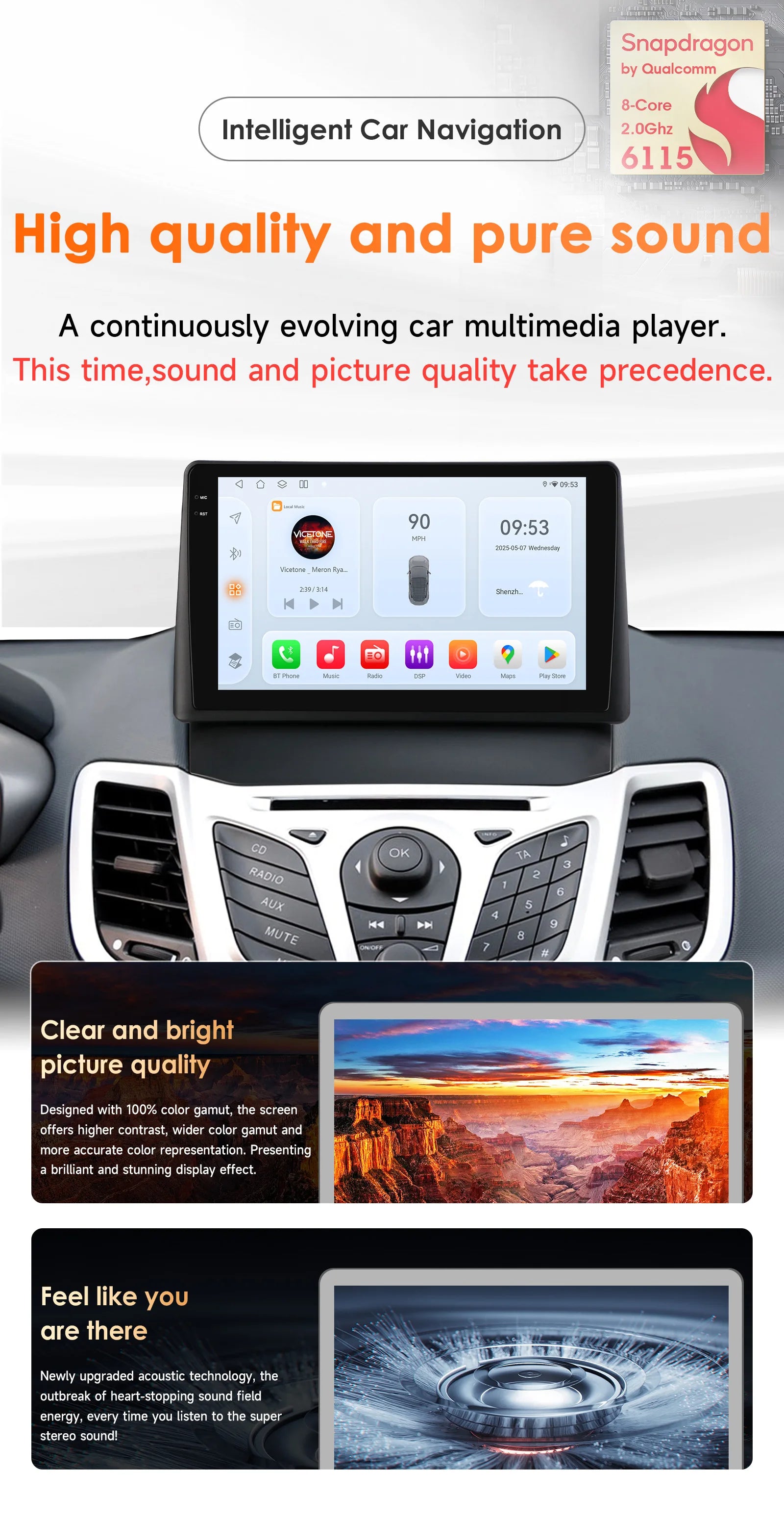 9"Wireless Carplay Android 14 Car radio for Ford Fiesta 2009-2016 (with PASS AIRBAG OFF bu