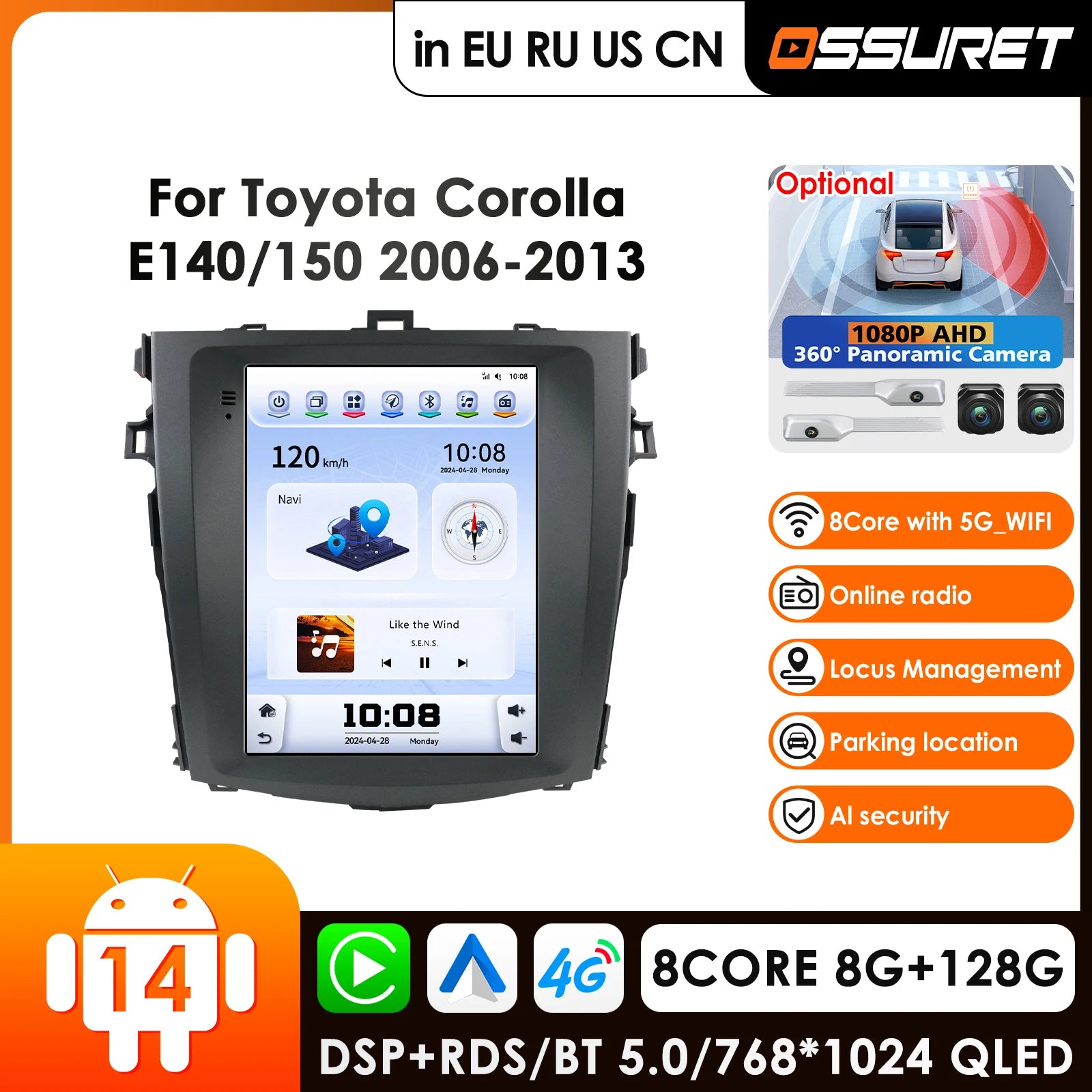 9.7" Car Radio GPS Android 14 for Toyota Corolla E140/E150 2006-2013 Multimedia Video Player Carplay - 2 Din Touchscreen
