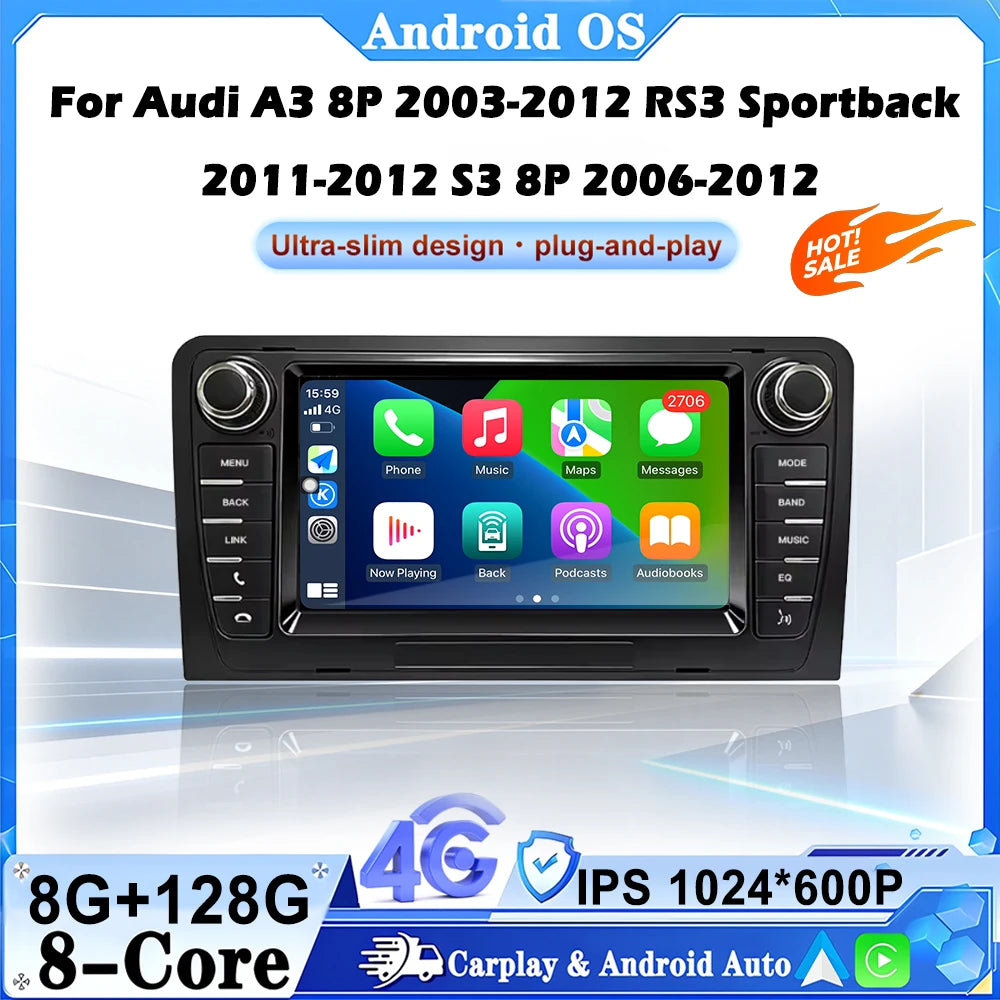 Android 16 Car Radio Multimedia GPS Wireless Carplay GPS RDS for Audi A3 8P 2003-2012 RS3