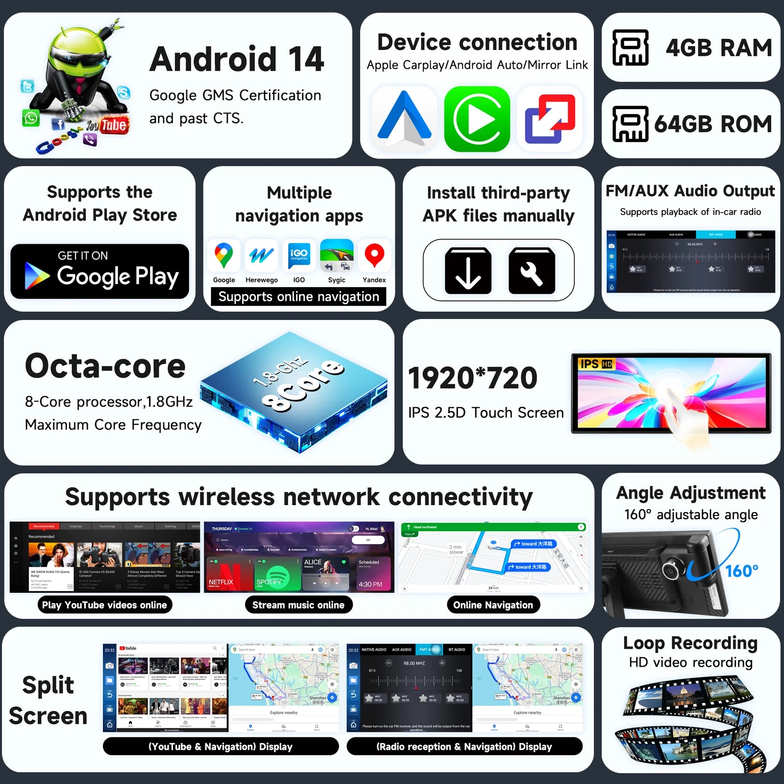 1920*720 Android 14 Portable Car Media Player Universal 8Core 4+64G Carplay Auto Dash Cam