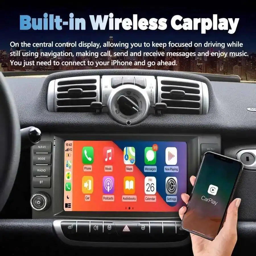 Android 14 Auto Radio Wireless CarPlay For Mercedes Benz Smart Fortwo 451 2005 - 2010 Car