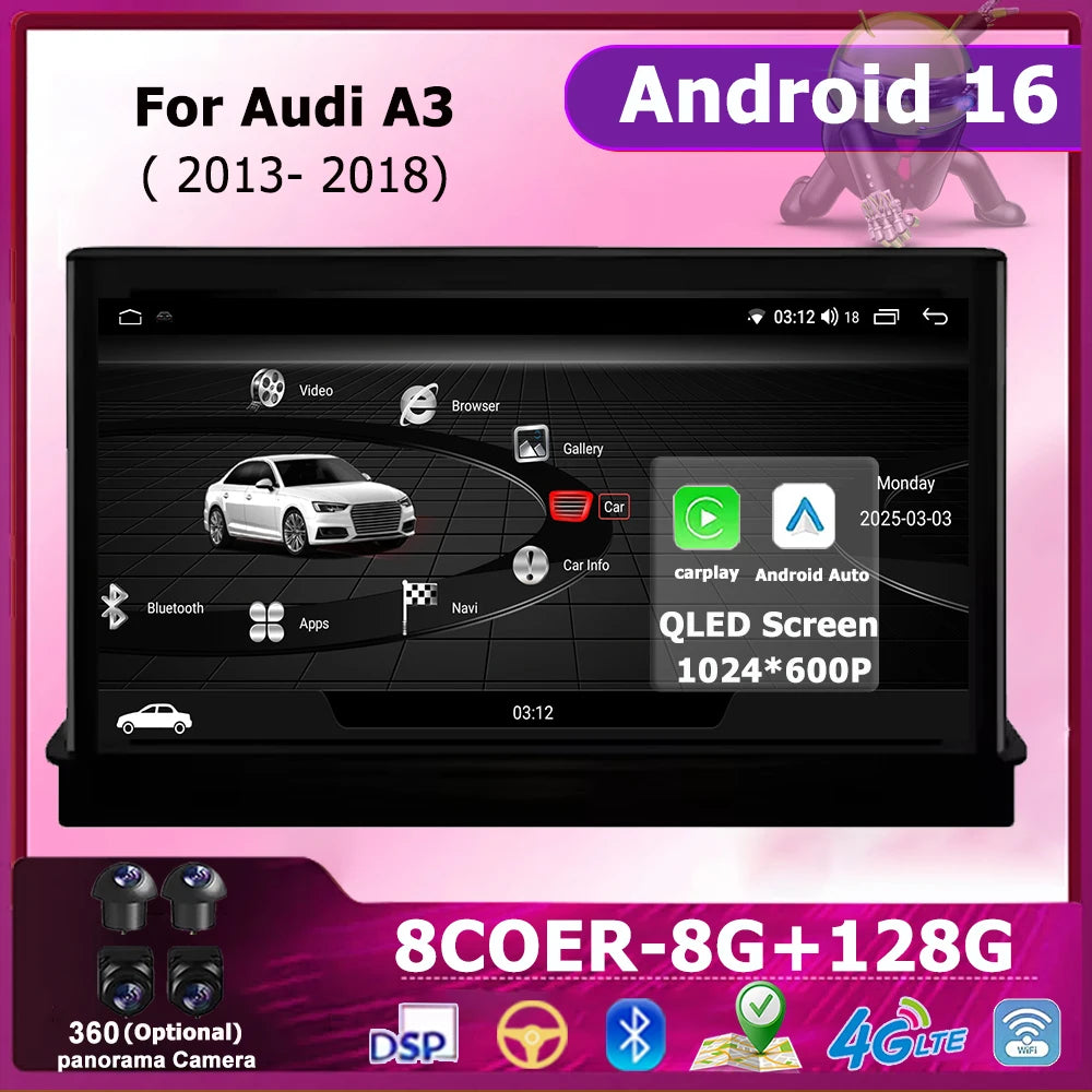 Android 16 7 Inch For Audi A3 2013-2018 Android Auto QLED Screen Carplay Car Accessories M