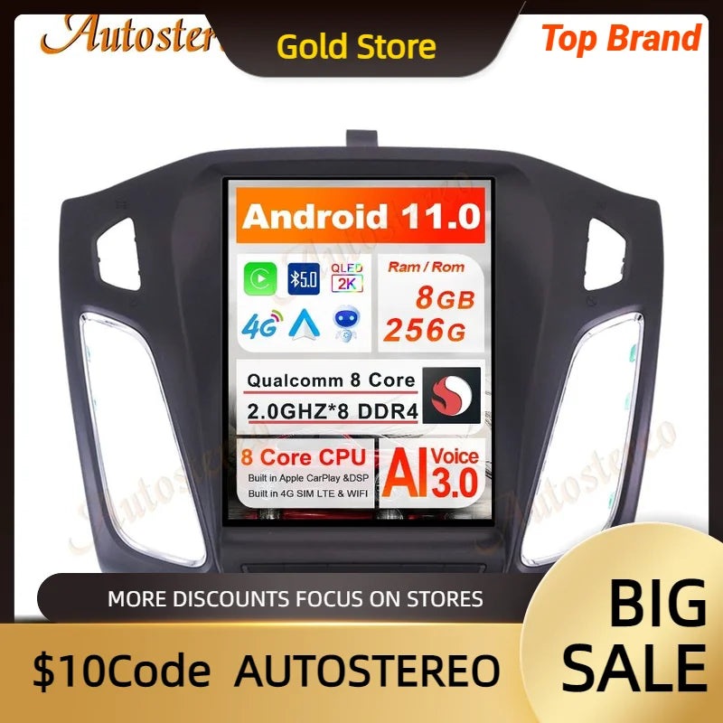Vertical Screen Android 13 For Ford Focus 2012-2019 Tesla Style Car GPS Navigation Head Un