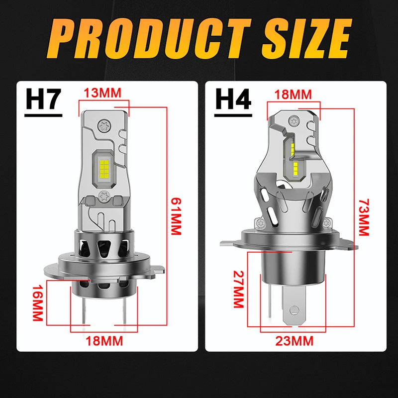 2x Fanless H4 H7 LED Headlight 1:1 Mini Size Head Lamp Wireless 5500000LM 16PCS 8035 CSP C