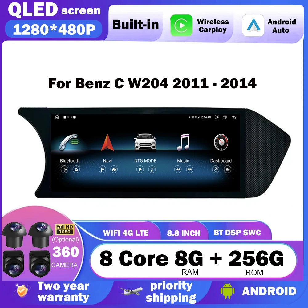 8.8 Inch Touch Screen For Benz C W204 2011 - 2014 Car Android Auto Carplay Monitors Multim