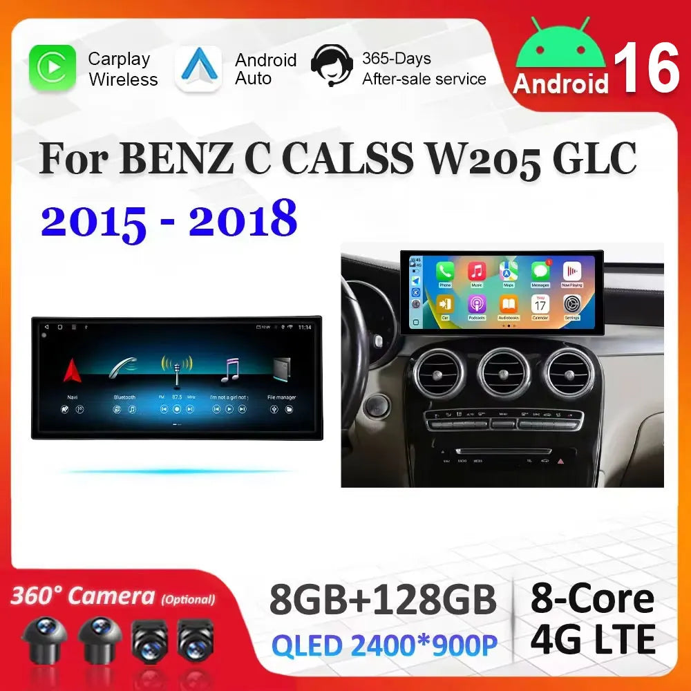 for BENZ C CALSS W205 GLC 2015 - 2018 NTG 5.0 Android 16 Car Ultra-thin QLED Screen Car Ra