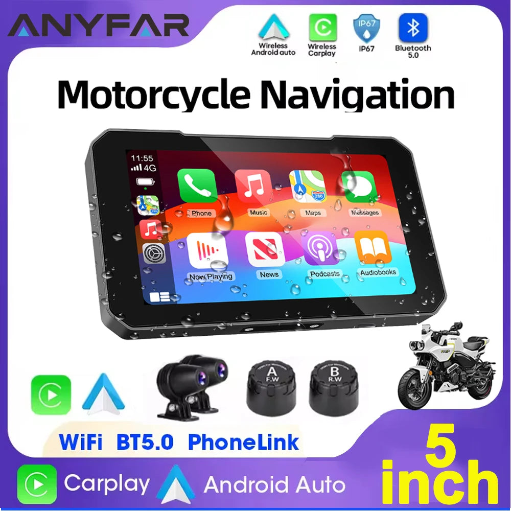 5INCH Screen Motorcycle CarPlay Screen Support Dual Camera Record with Wireless CarPlay an