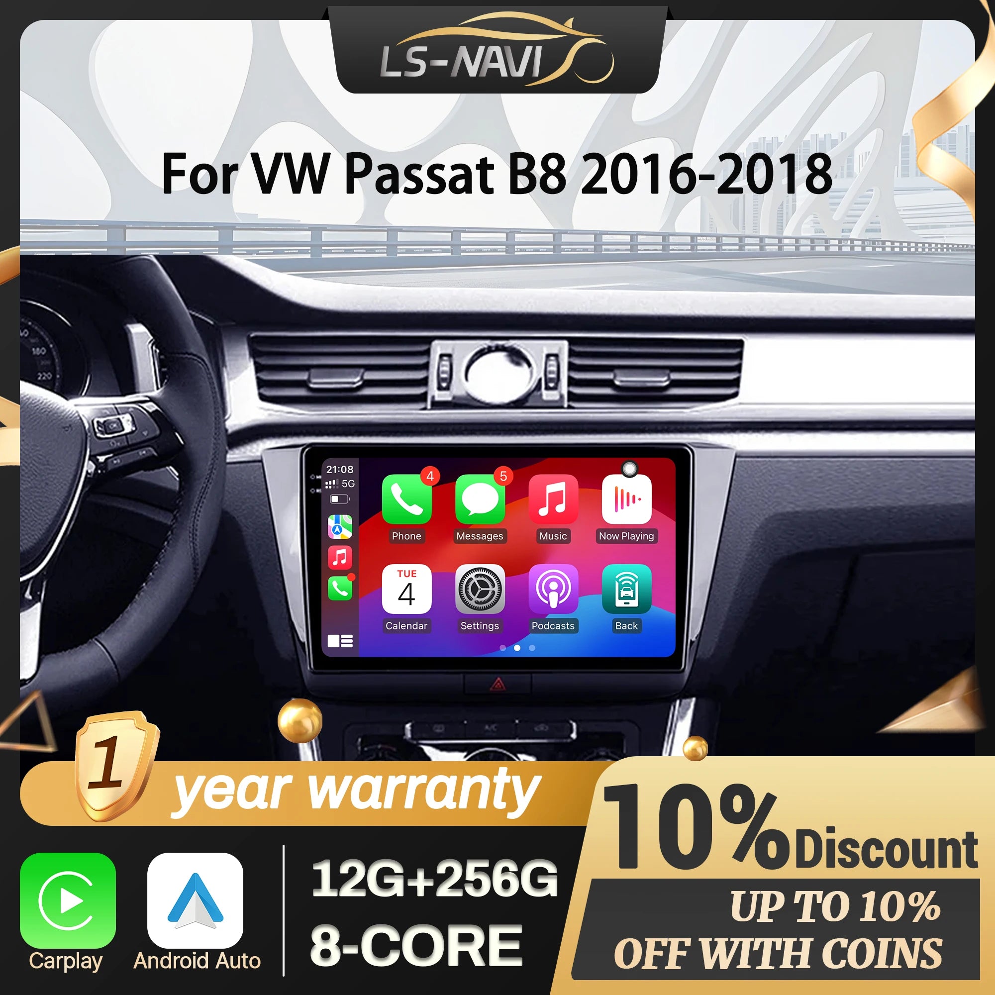For VW Passat B8 2016-2018 Android 14 Car Radio Multimedia Navigation Wireless CarPlay Tou