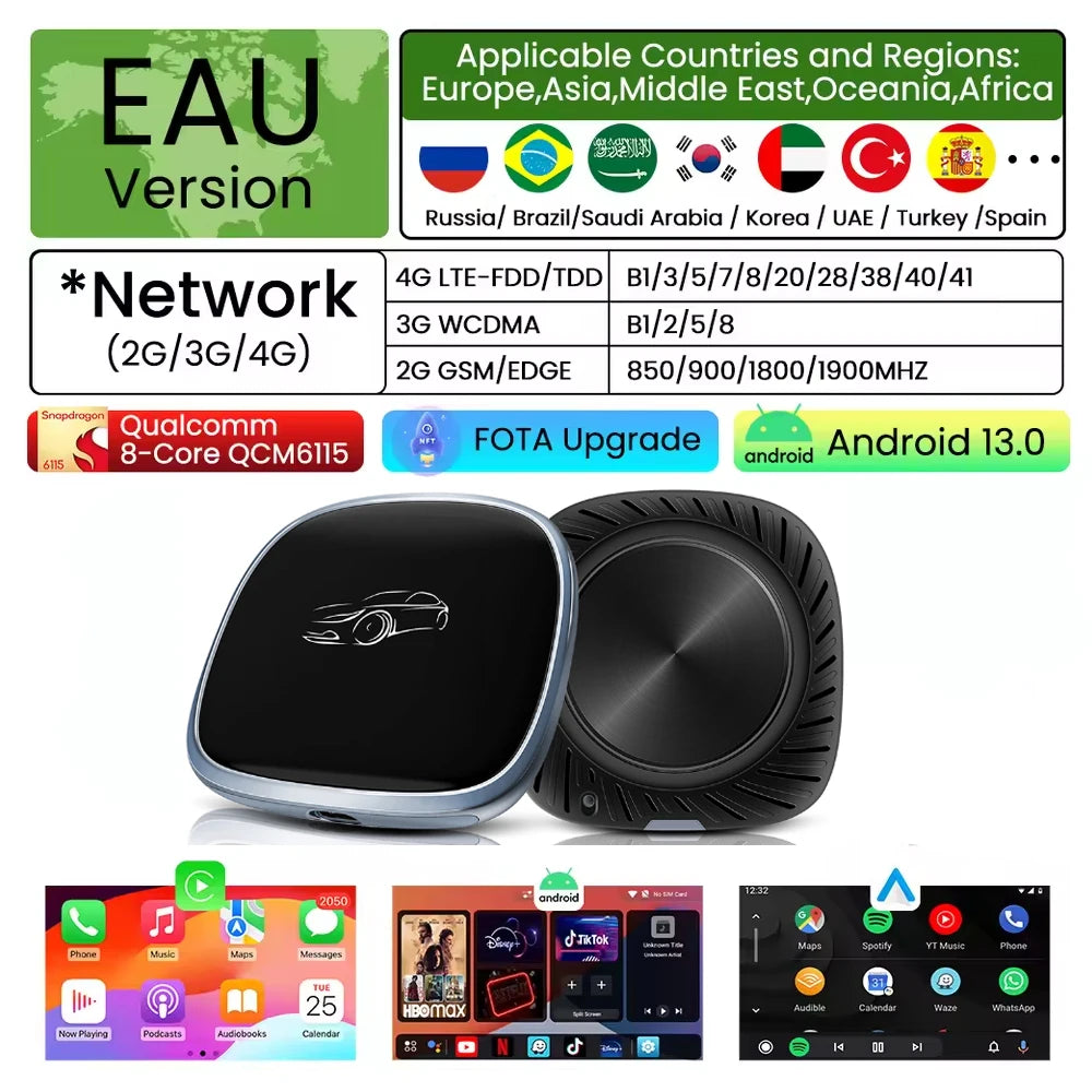 2026 CarPlay Ai Box CarPlay Android Auto Wired To Wireless Android Qualcomm Octa-core 4G+6