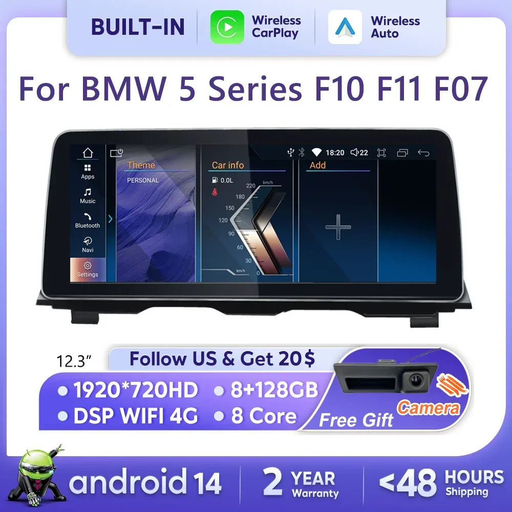 Android 14 CarPlay Screen For BMW 5 Series F10 F11 F07 F18 2010-2017 Multimedia Player Aut