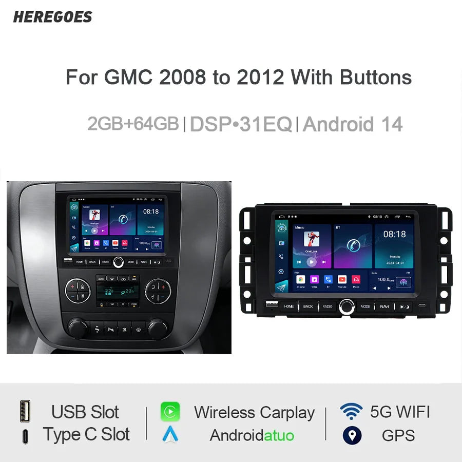 7" Car Radio GPS For GMC 2008-2012 Wireless CarPlay Android Auto Bluetooth Steering Control - 2GB 64GB