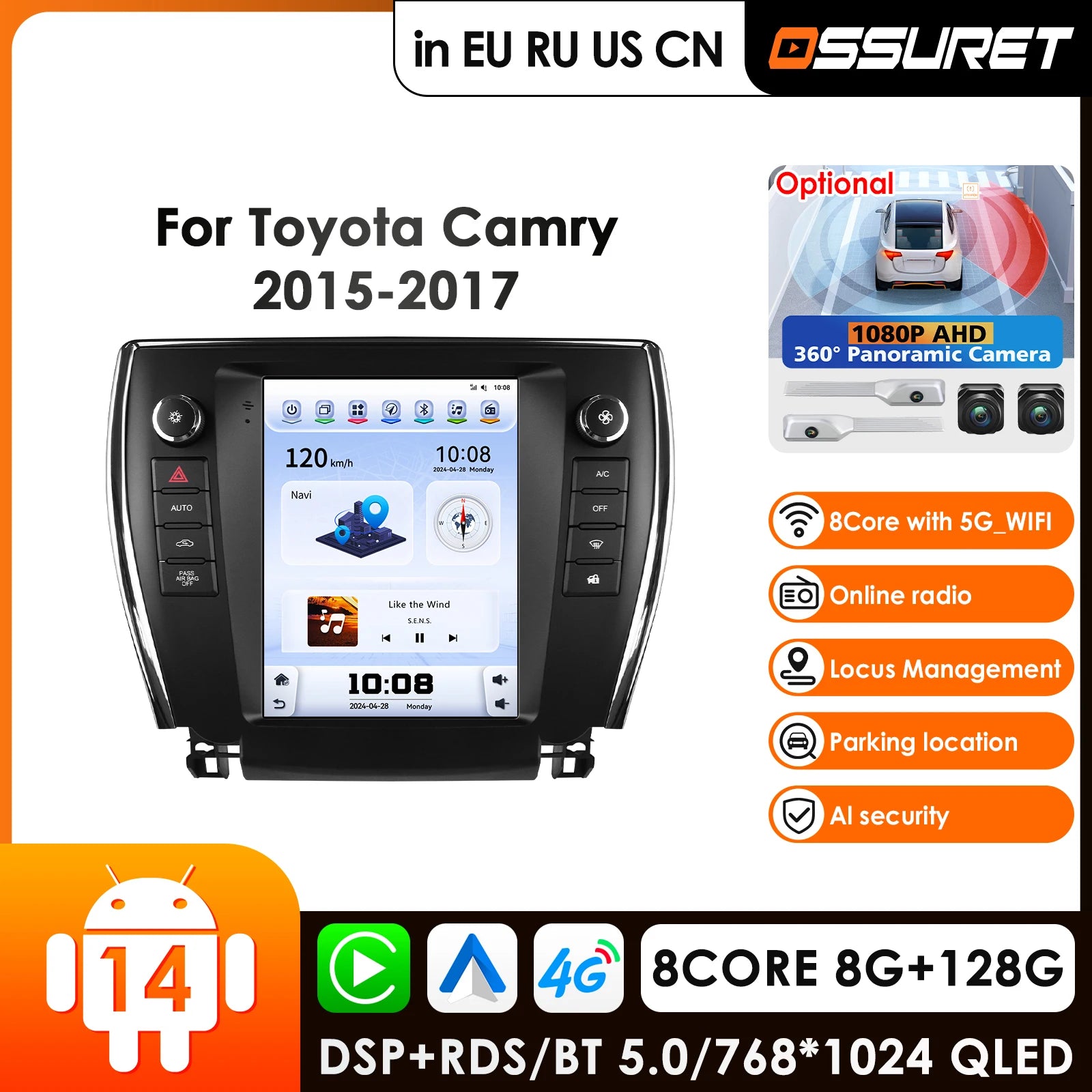 9.7" Car Radio GPS for Toyota Camry 2015-2017 Wireless Carplay Android 14 Multimedia Stereo - 2K HD Touchscreen