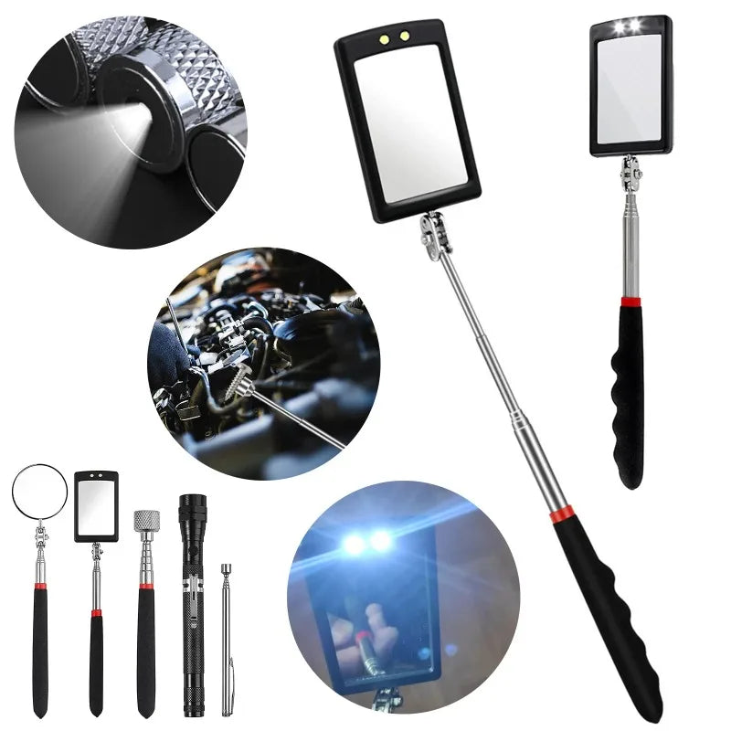 Car Mirror Portable Telescoping Flexible Head Inspection Mirror LED Light Adjustable 360 Degree  - Automotive LED Light