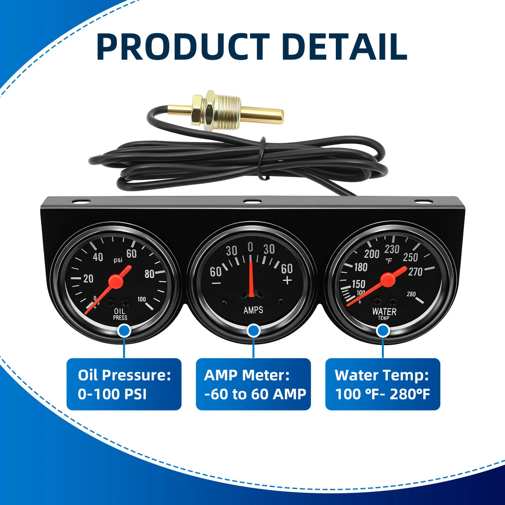 3 in 1 Car Meter Kit Triple Gauge 52mm Oil Pressure Gauge 0-100PSI Water Temp Meters 100℉- 280℉  - Automotive LED Light