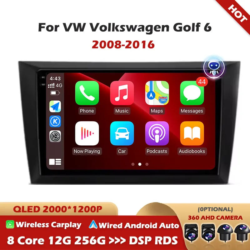 For VW Volkswagen Golf 6 2008 2009 2010 2011 2012 2013 2014-2016 Android 16 Carplay Auto C