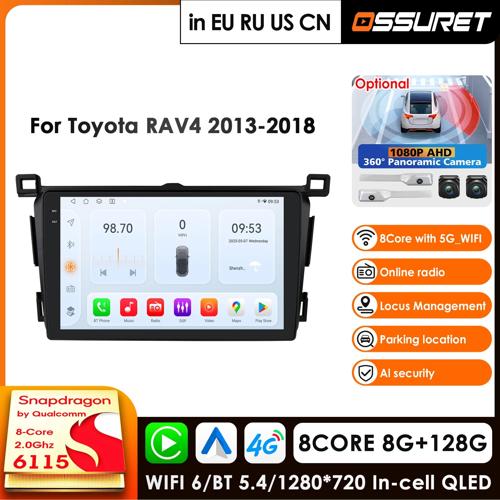 9" 2Din Android 14 Car Radio GPS for Toyota RAV4 2013-2018 - Carplay 4G-LTE AI WIFI RDS Multimedia Stereo Navigation