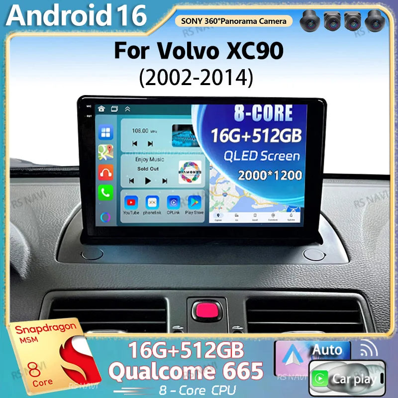 Android 16 For Volvo XC90 2002 - 2014 2K QLED Android Car Radio Multimedia Video Player GP