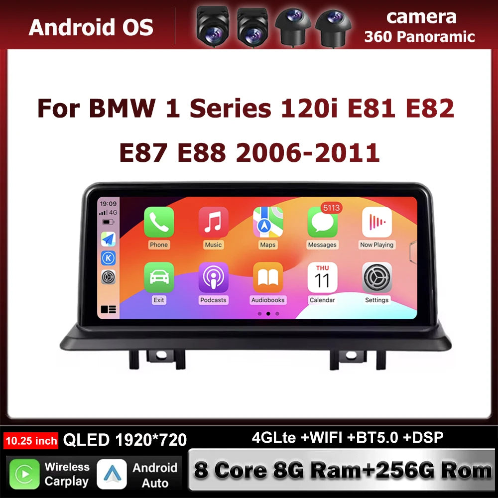 Android 14 CarPlay Auto 10.25 Inch For BMW 1 Series 120i E81 E82 E87 E88 2006-2011 Car Pla