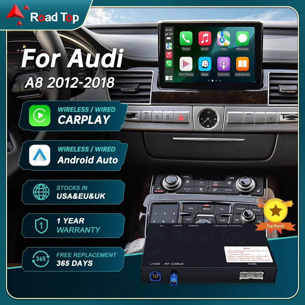 RoadTop Linux Wireless CarPlay Android Auto Interface for Audi A8 2012-2018 3G MMI with Mi