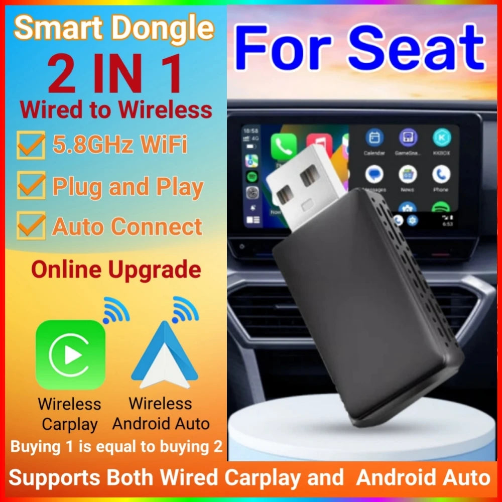 Carplay Wireless Adapter Android Auto 2 in 1Mini Box Plug And Play WiFi For Seat Ibiza Aro | AUTOKITSHOP