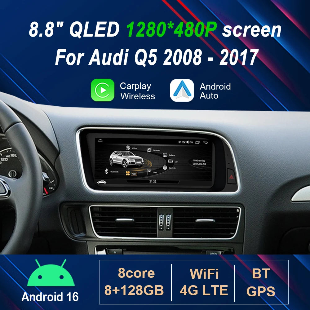 8.8"Android 16 Car Radio Video Multimedia Player for Audi Q5 2008 - 2016 2017 Wireless Car