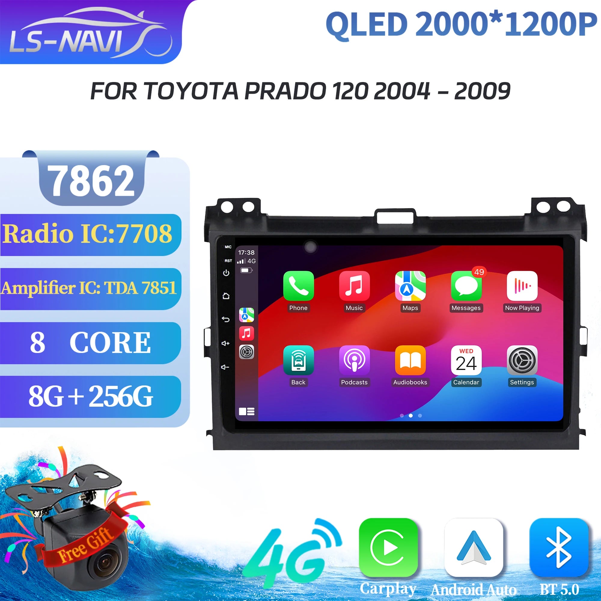 For Toyota Prado 120 2004-2009 Car Radio Wireless Bluetooth Carplay Multimedia Navigation