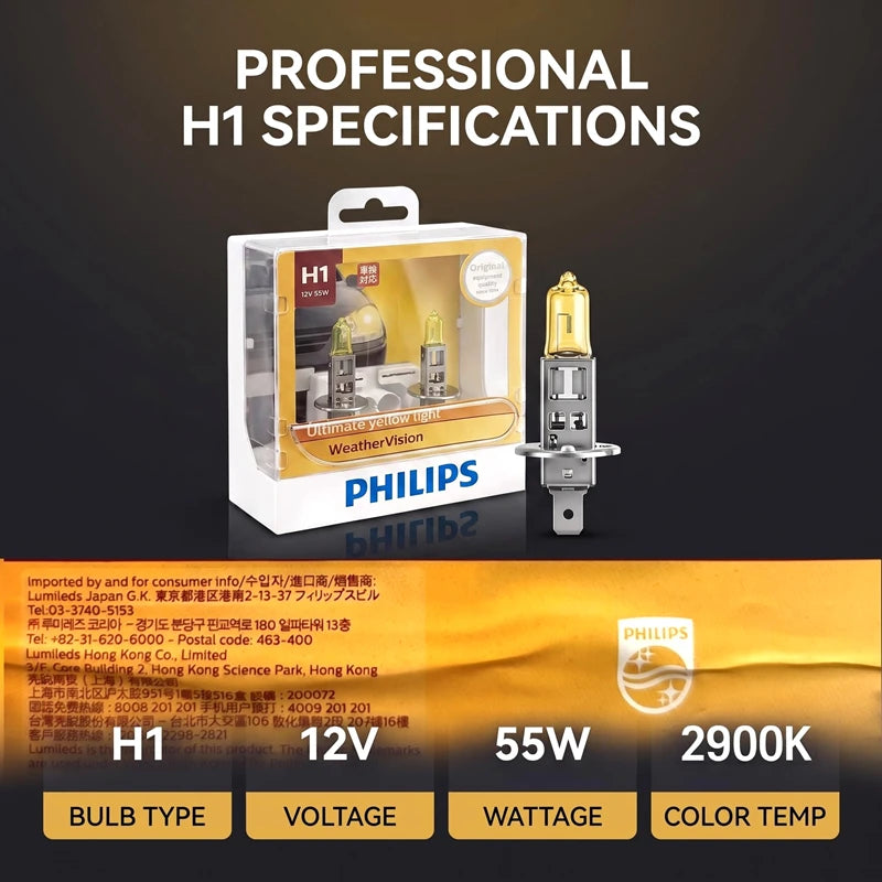 Philips WeatherVision H1 P14.5s 2900K Yellow Light Car Halogen Headlight Genuine Auto Bulb
