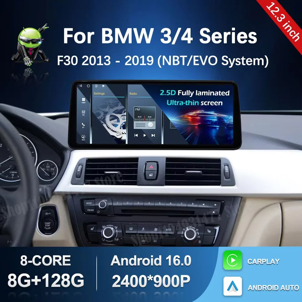 Android 16 Wireless Carplay for BMW 3/4 Series F30 2013 2014 - 2019 NBT EVO System 12.3 ''