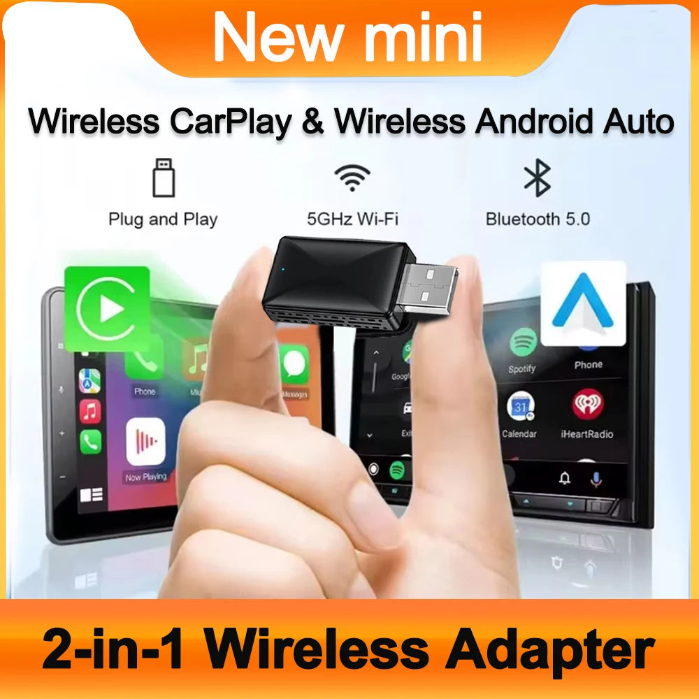 2 IN 1 Mini CarPlay Wireless Adapter Carplay&Android Auto Bluetooth WiFi Fast Connect Plug