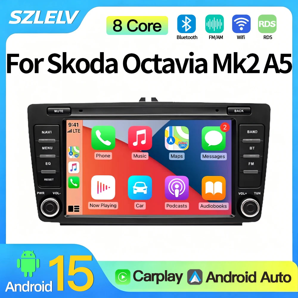 SZLELV Android 15 Car Multimedia Radio For Skoda Octavia Mk2 A5 2004-2013 Player CarPlay A