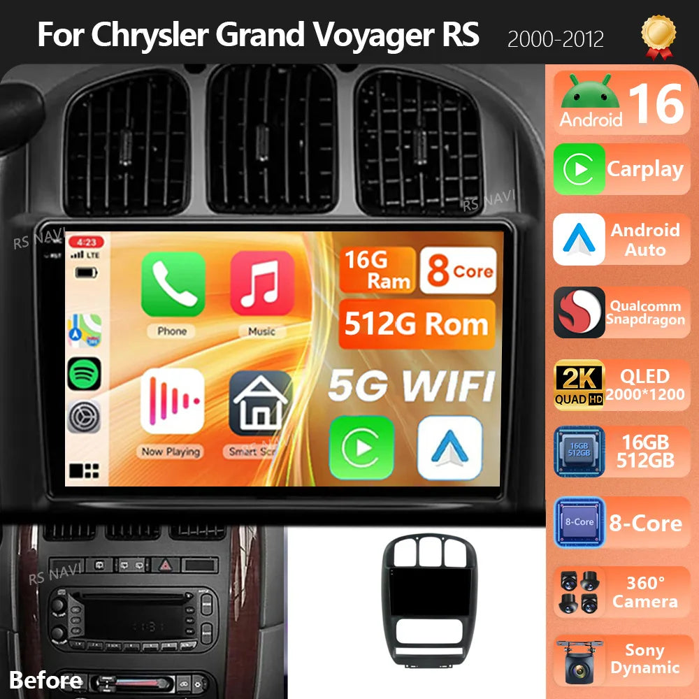 Plug and Play Android 16 Carplay Car Radio For Chrysler Grand Voyager RS 2000-2012 For Dod