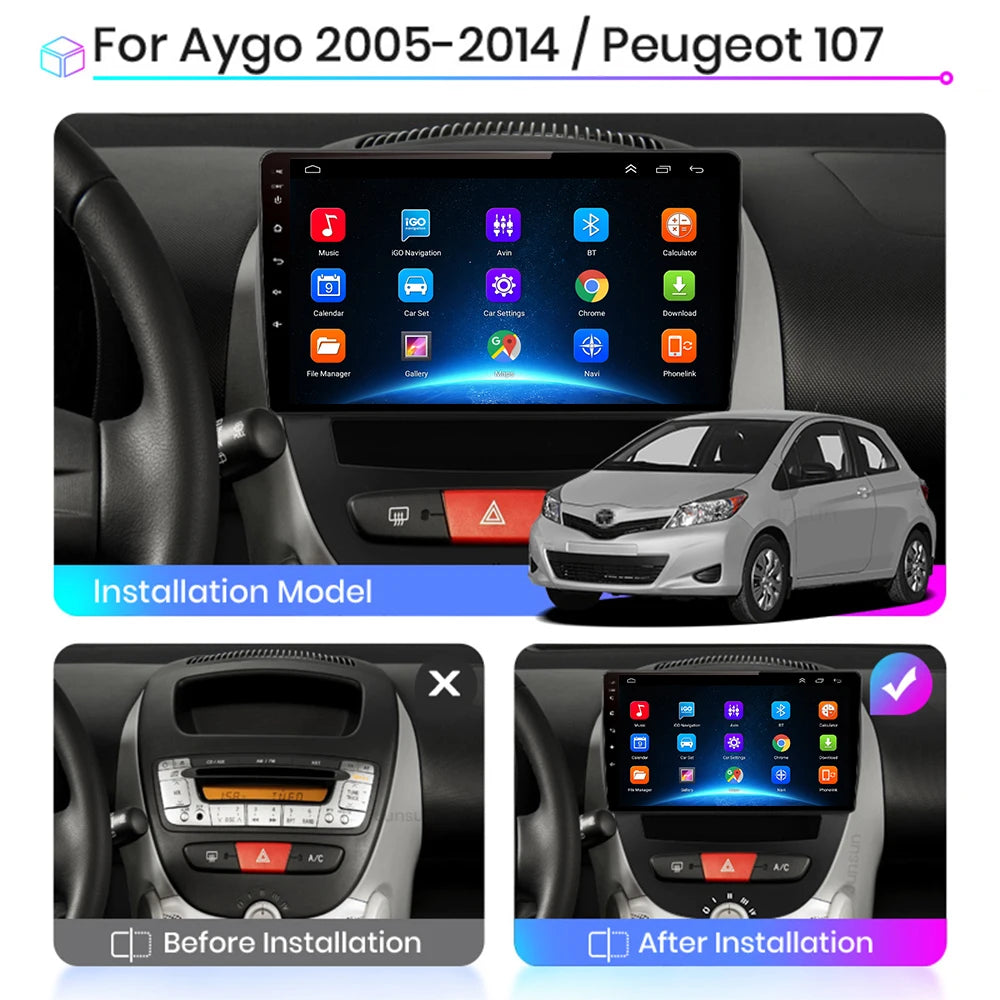 Android 10 2 Din Car Multimedia Player For Peugeot 107 Toyota Aygo Citroen C1 2005-2014 He