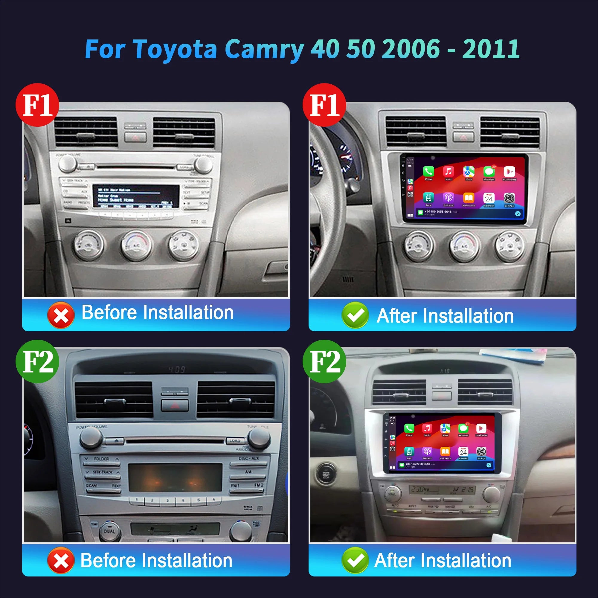 For Toyota Camry 40 50 2006-2011 Wireless CarPlay Multimedia Car Radio Android 14 Navigati