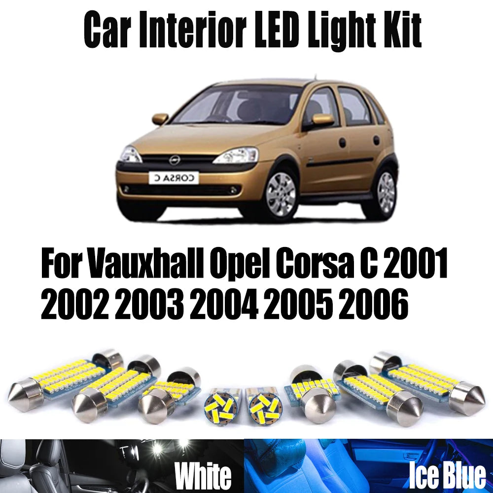 8-Piece LED Interior Light Kit for Vauxhall Opel Corsa C 2001- 2004 - Canbus Dome Map Door Trunk Bulbs | AUTOKITSHOP