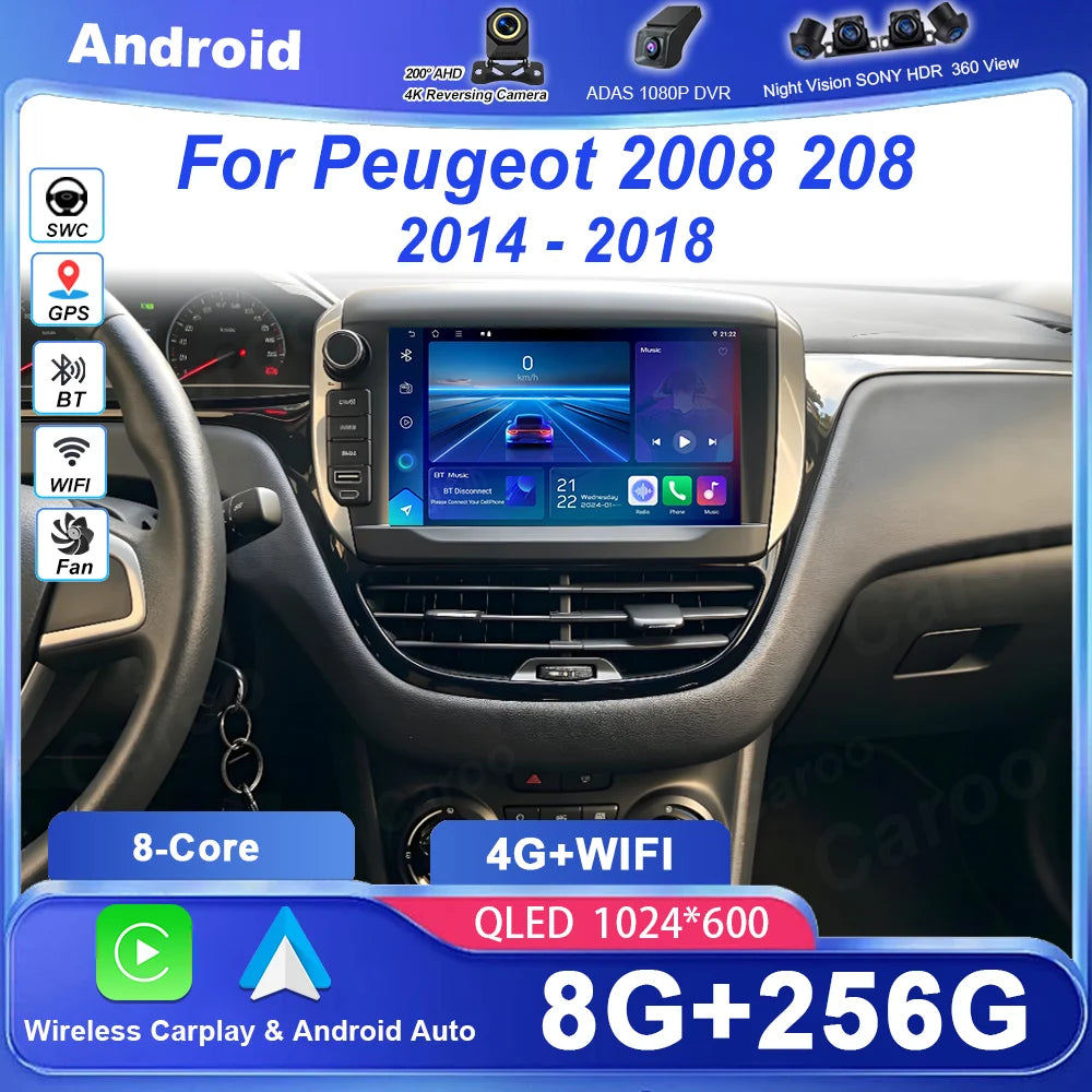 Car Radio Multimedia Player For Peugeot 2008 208 2014-2018 Wireless CarPlay Android 16 Aut