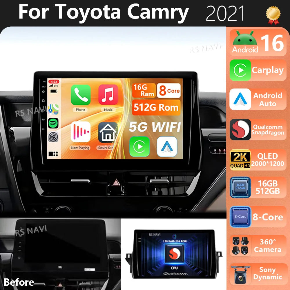 Android 16 Carplay Auto Qualcomm 2K QLED Screen Car Radio Player For Toyota Camry 2021 DSP