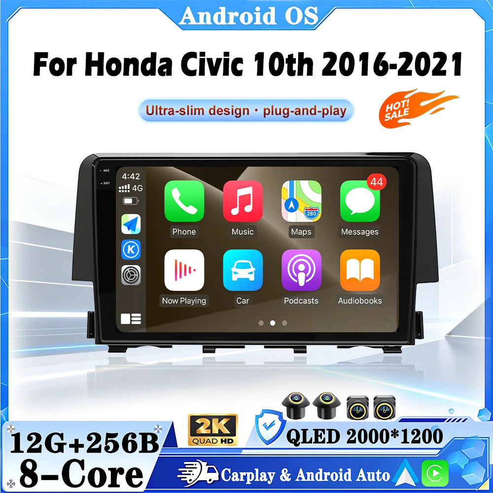 Android 16 Auto Screen Stereo Car Radio Carplay For Honda Civic 10th 2016-2021 4G Wifi BT