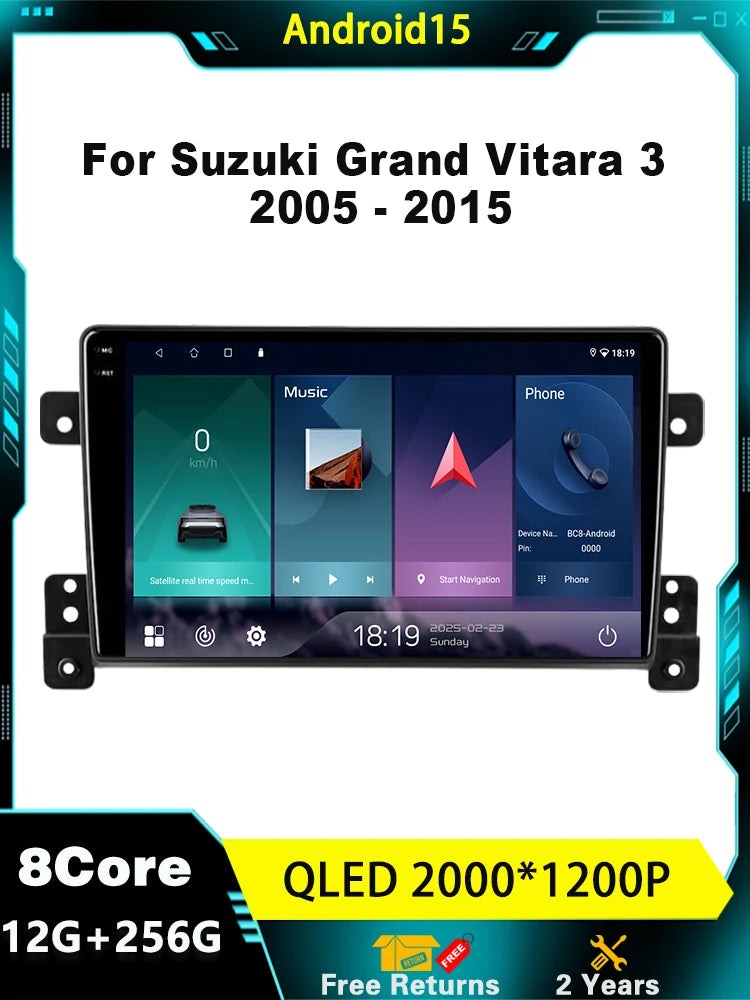 For Suzuki Grand Vitara 3 2005 - 2015 2K 12+256 QLED Android 15 CarPlay Car Radio Multimed