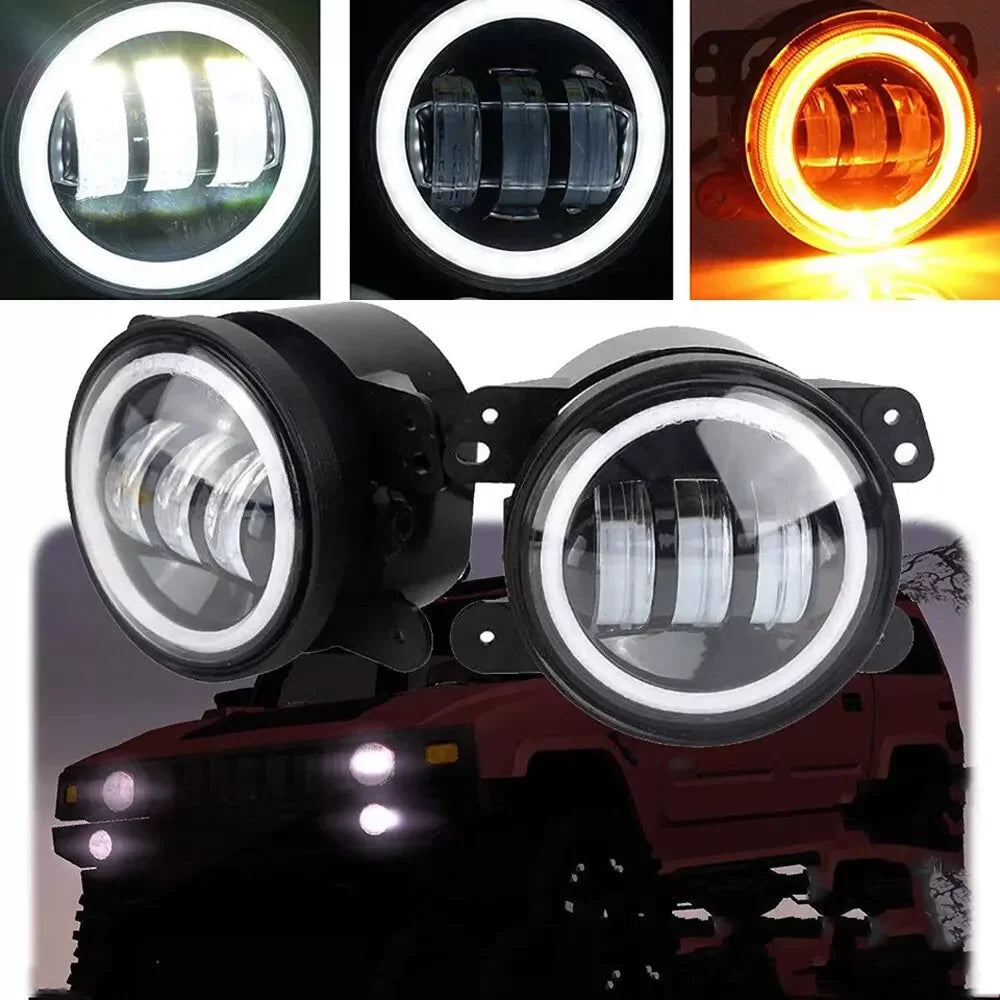 4 Inch LED Fog Lights With White Halo Ring DRL Amber Turn Signal Lamp For Jeep Wrangler JK