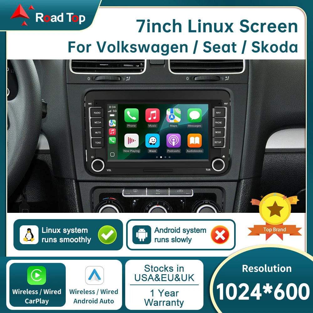 DE Car Radio RoadTop 7" HD Wireless CarPlay Android Auto Stereo Audio For Volkswagen Seat