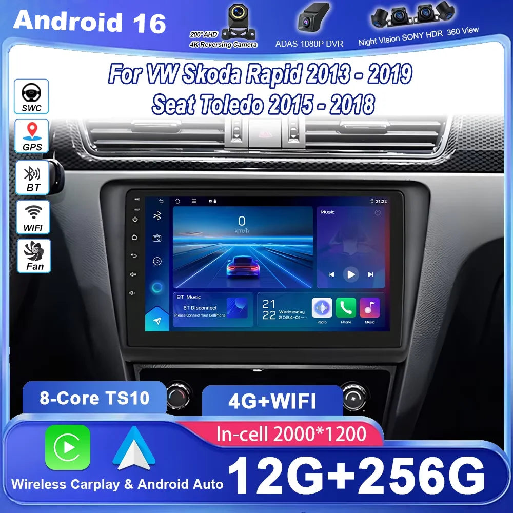 Android 16 Carplay Car Radio For VW Skoda Rapid 2013 2014 2015 2016 2017 2018 2019 Seat To
