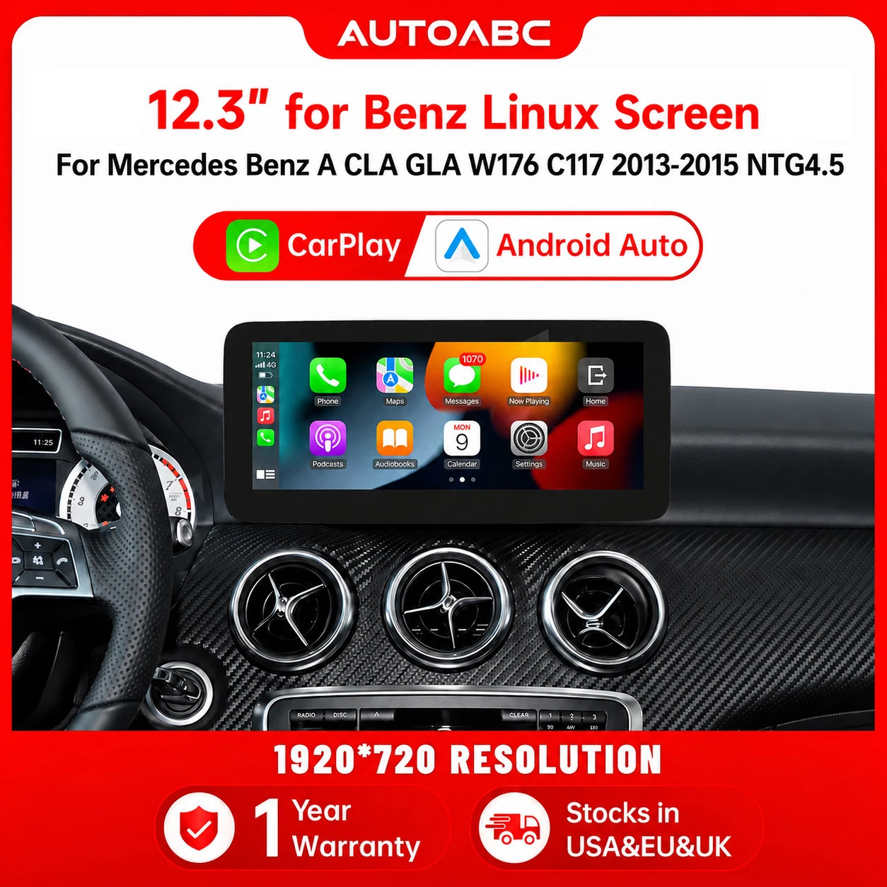Wireless CarPlay Android Auto 12.3 Touch screen Multimedia Radio for Mercedes-Benz A W176  | AUTOKITSHOP
