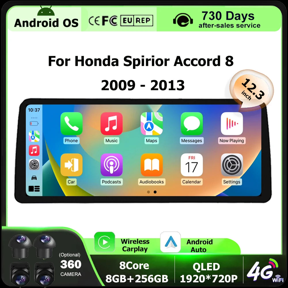 12.3 Inch Android Auto For Honda Accord 8 Europe Spirior 2009-2013 Car Radio Multimedia Vi