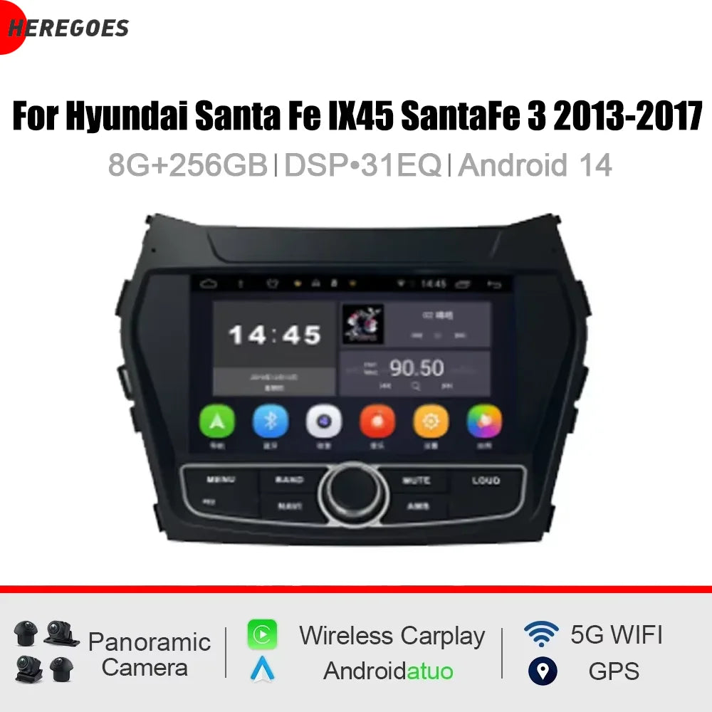 8" CarPlay Android 15 8 Core 12GB RAM 256GB ROM Car Radio GPS WiFi Multimedia Player for Hyundai Santa Fe IX45 2013-2017