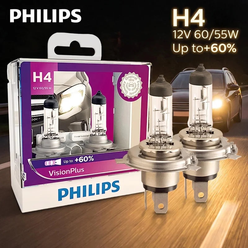 Philips H4 12V 60/55W P43t VisionPlus 3250K Bright Light Up to 60% Increased Bright Origin