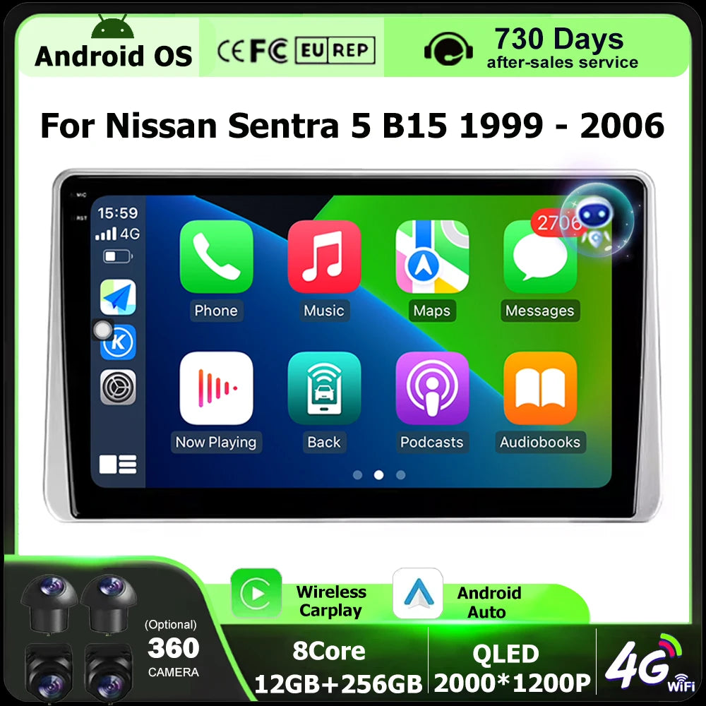 Wireless Carplay For Nissan Sentra 5 B15 1999 - 2006 Android 16 Auto Car Radio Multimedia
