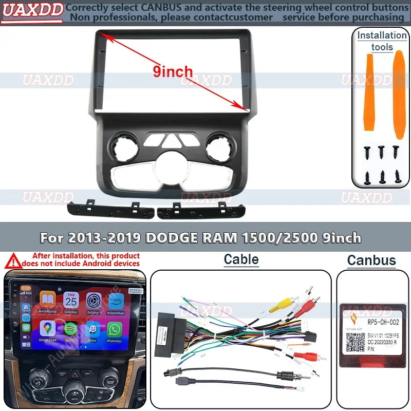 2 Din Car Android Frame for 2013-2019 Dodge Ram 1500 2500 9 Inch Kit Panel Center Fascia C
