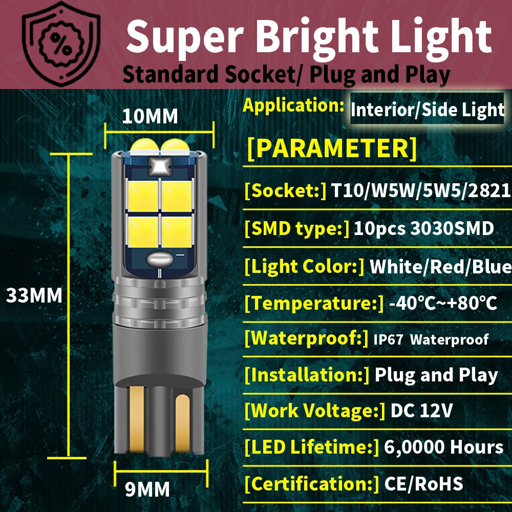 2-Piece LED Interior Light Kit for W5W T10 - Canbus Error-Free Interior Bulbs